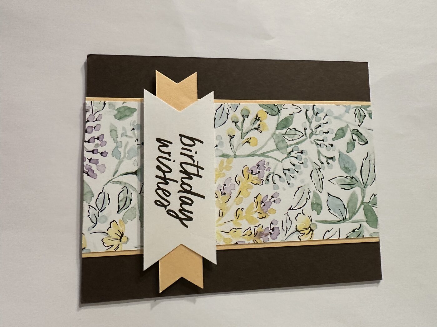 Brown and floral card with "birthday wishes" banner