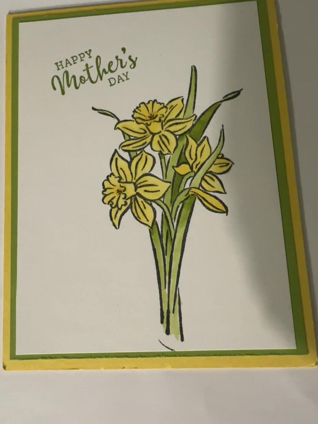 Happy Mother's Day card with hand-colored yellow daffodils on green and yellow layers